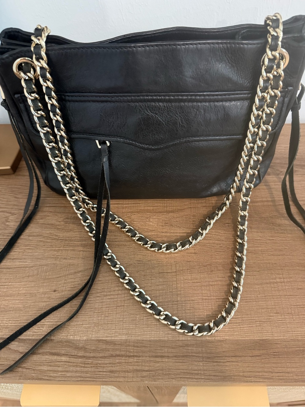 Rebecca Minkoff Black Leather Shoulder Bag with Gold Chain Straps - Picture 5 of 8